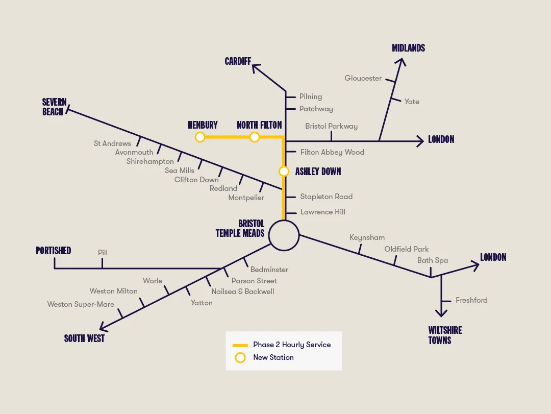 Map of Bristol train connections and surrounds. 