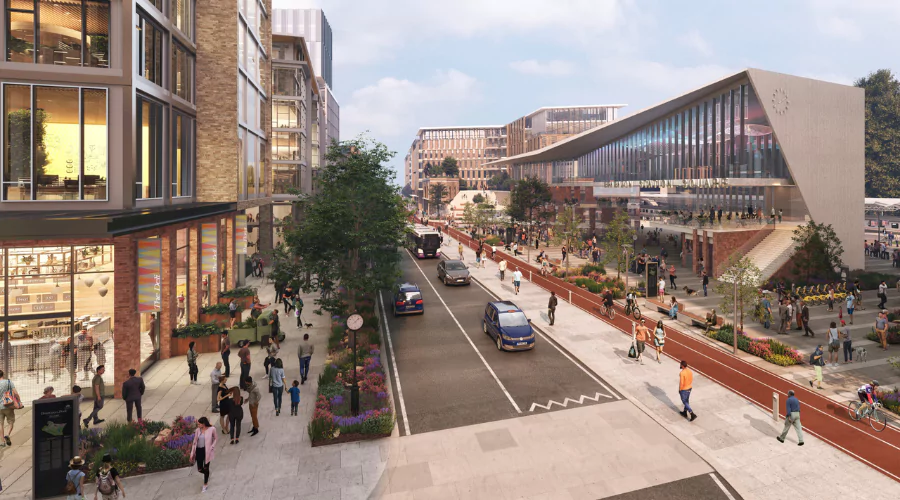 CGI future of Brabazon station with people exploring the streets, cyclists riding on the cycleway and cars in the centre.