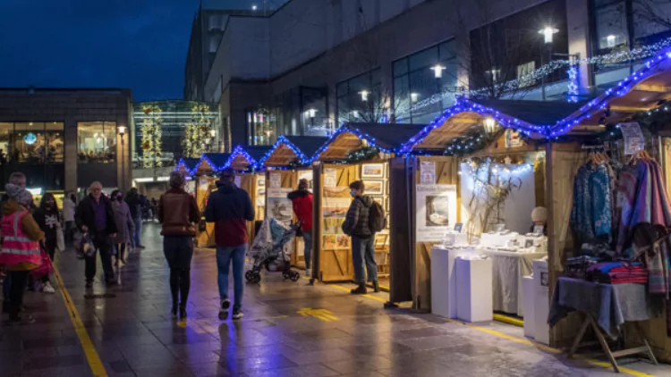 Christmas stalls in the town centre at Cardiff, the Welsh capital.