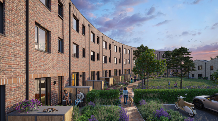 Crescent of red-brick homes at The Heritage District, Brabazon, Bristol