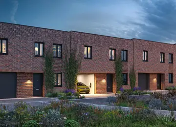 A row of attractive two-storey Prier homes fronting onto a landscaped street at Brabazon.