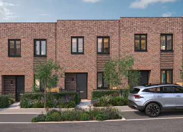 A row of welcoming red-brick Boxkite homes with unique brickwork detailing at Brabazon.