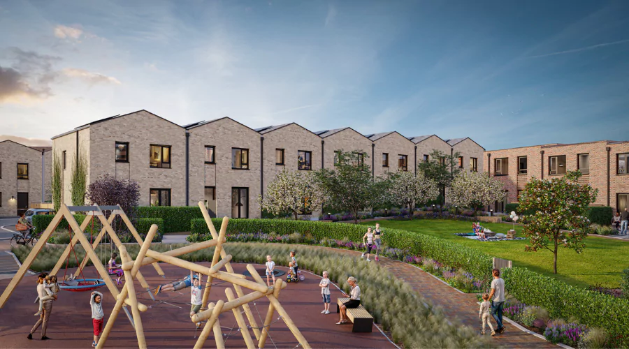 CGI of The Heritage District outdoor space showcasing children enjoying the playground, families walking along the footpath and people enjoying a picnic on the grass.