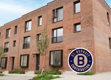 The front exterior of The Brandon red-brick townhouses at Brabazon with 5% deposit contribution sticker overlay. 