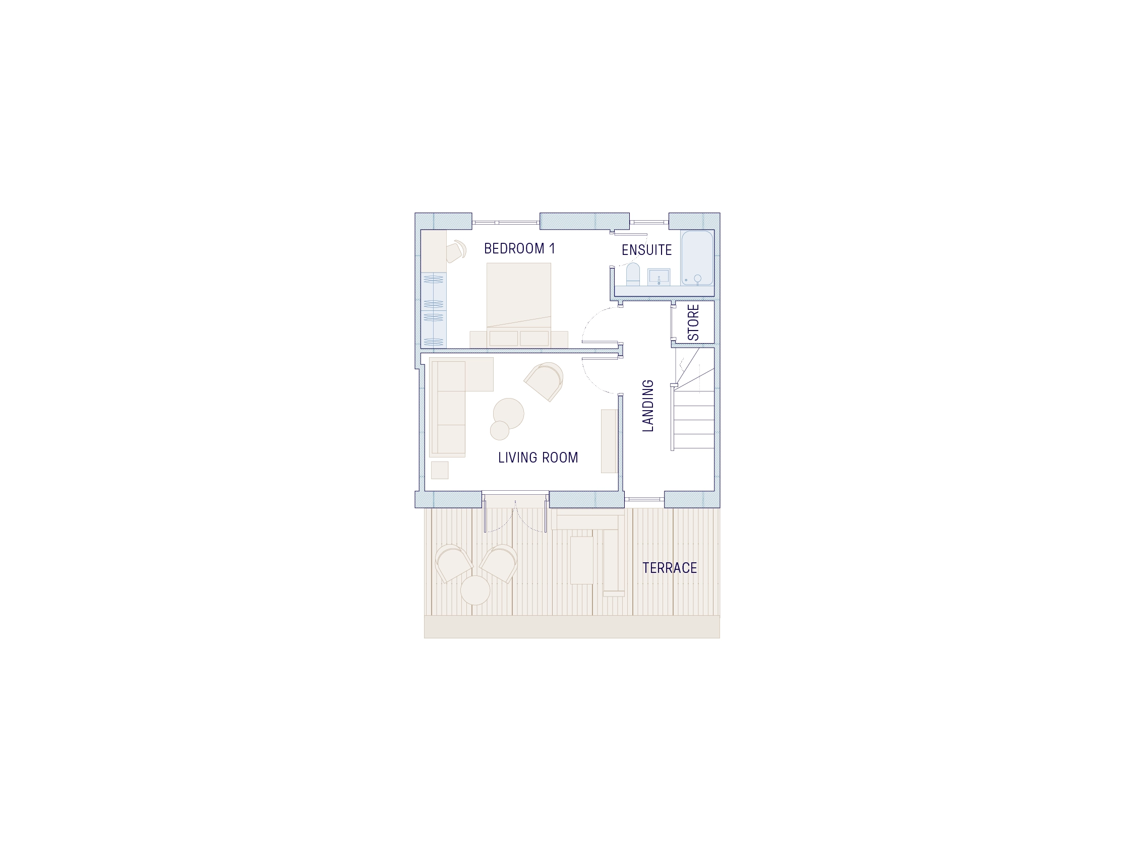 First floor plan with one double bedroom, living room and first-floor terrace garden