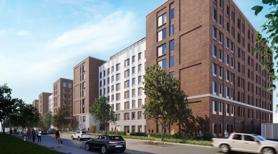 CGI street view of Student Accommodation at Brabazon with moving traffic and pedestrians.