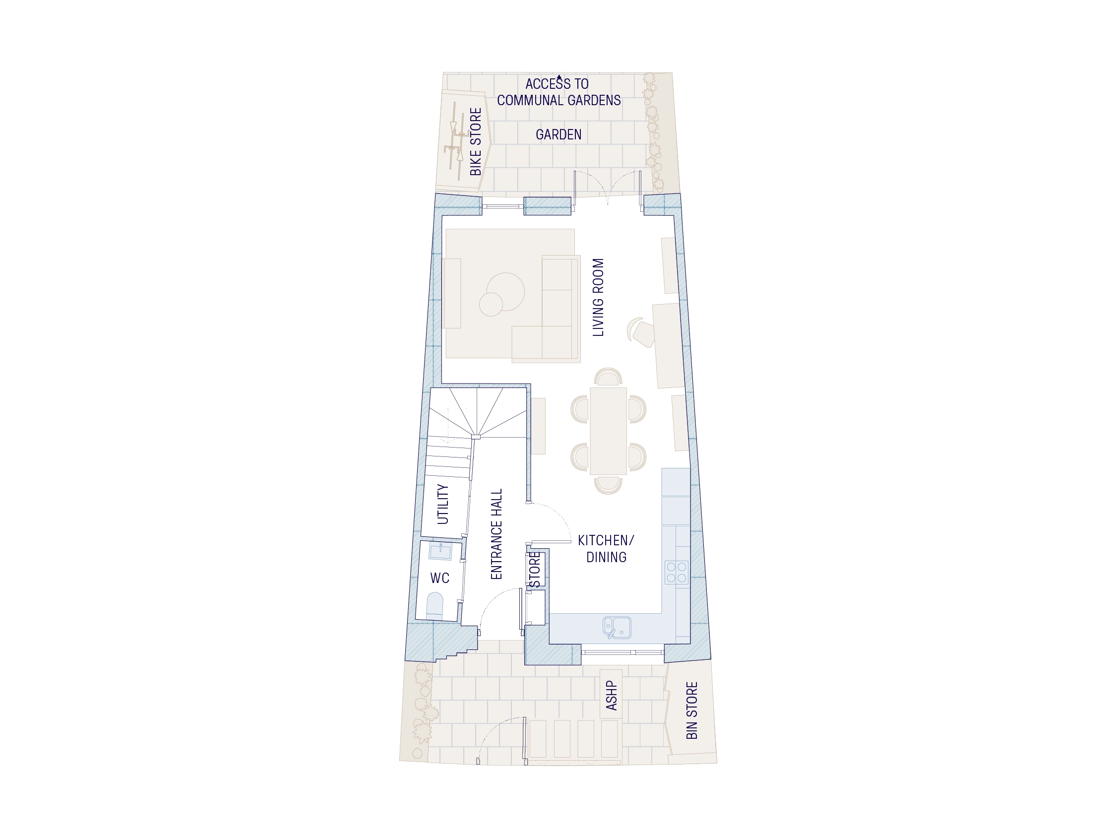 Ground floor plan with L-shaped fitted kitchen, dining and living area