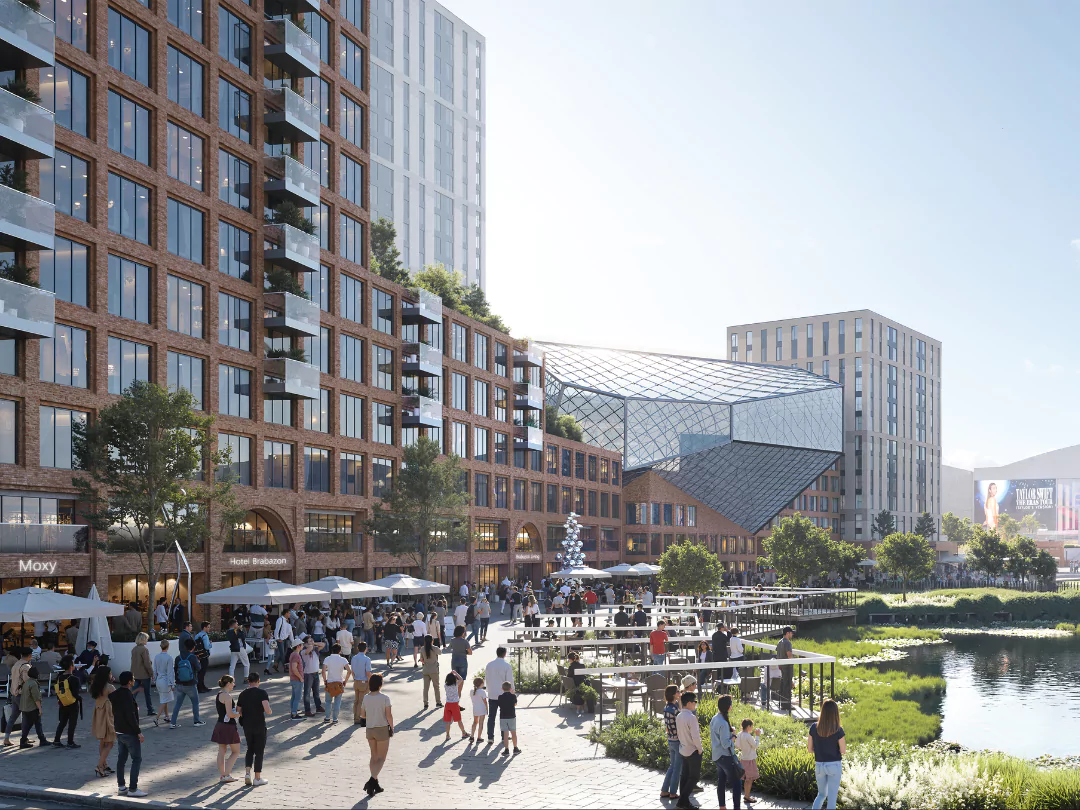 Street-level rendering of people enjoying themselves in lakeside bars and restaurants on a sunny day at Brabazon.