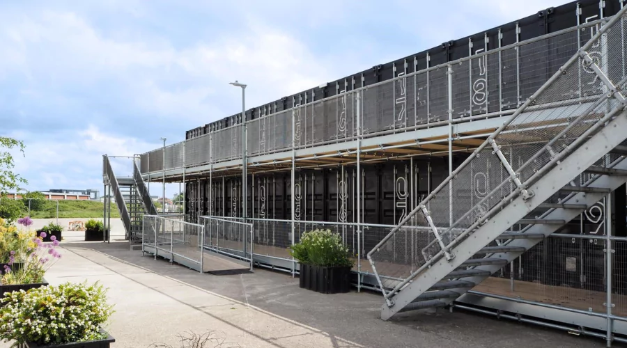 Wide angle shot of two Storey Boxworks offices set up at Brabazon with planter boxes.