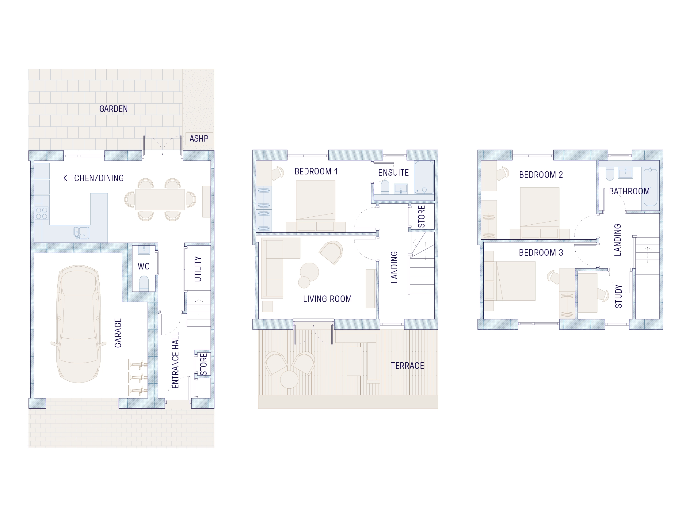 Full floor plan for three storey, three bedroom townhouse