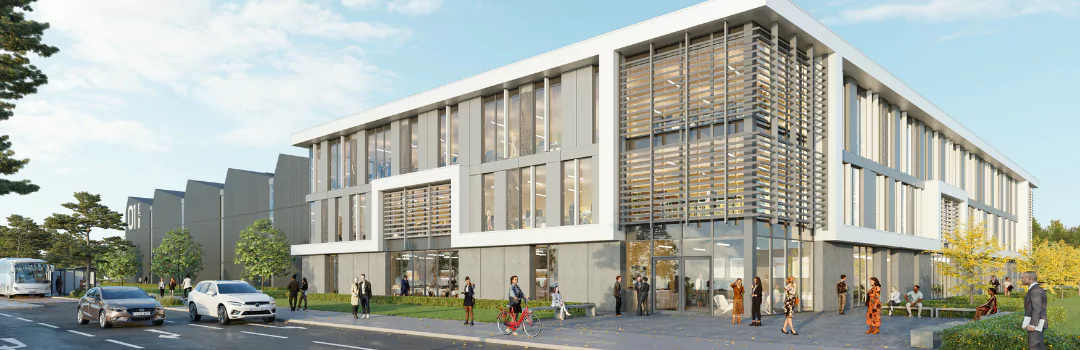A detailed CGI illustration representing a vision of a new commercial building at The Enterprise District at Brabazon. 