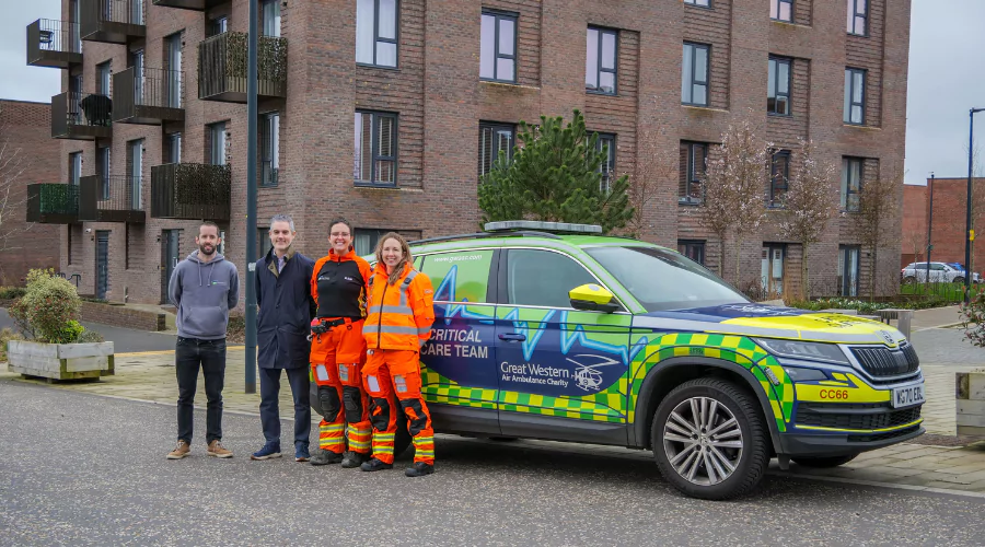 An image of the Great Western Air Ambulance Charity crew stood outside rapid response vehicle at Brabazon.