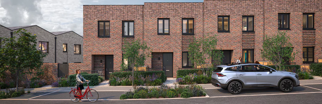 A CGI image showcasing a contemporary UK development, with modern brick terrace houses, tree-lined streets and wide pathways. 