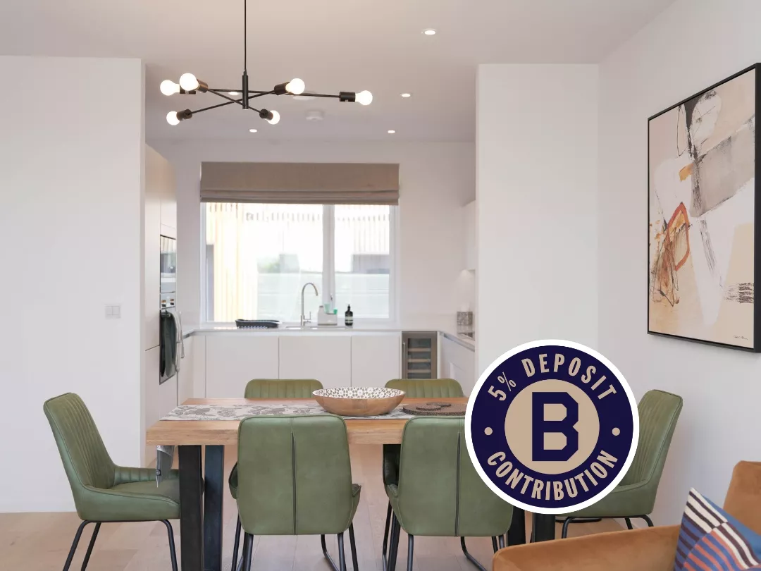 Modern kitchen and dining inside show home  at Brabazon, with green chairs around a wooden table, contemporary lighting, and abstract art on the wall. "5% Deposit Contribution" badge displayed.