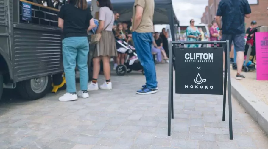 Visitors lining up for Mokoko coffee at their pop-up store at Brabazon